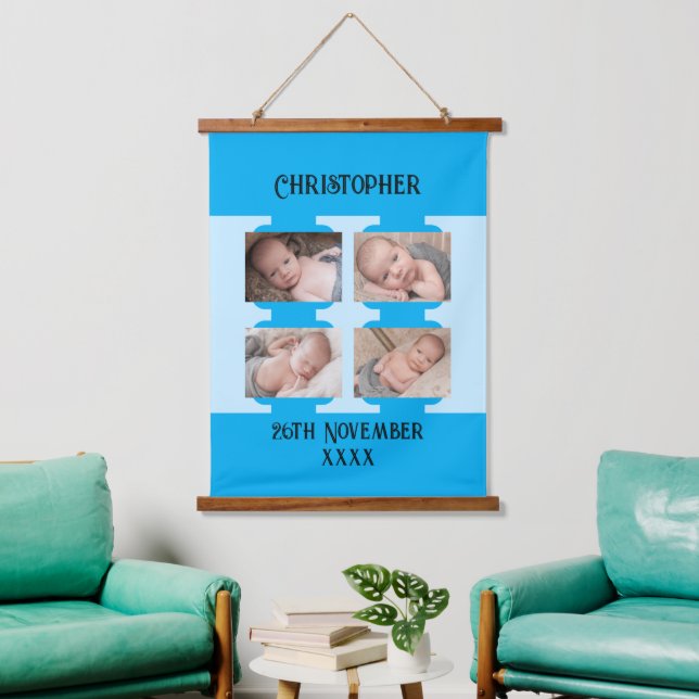 New baby name 4 photos date of birth blue hanging tapestry (Living Room)