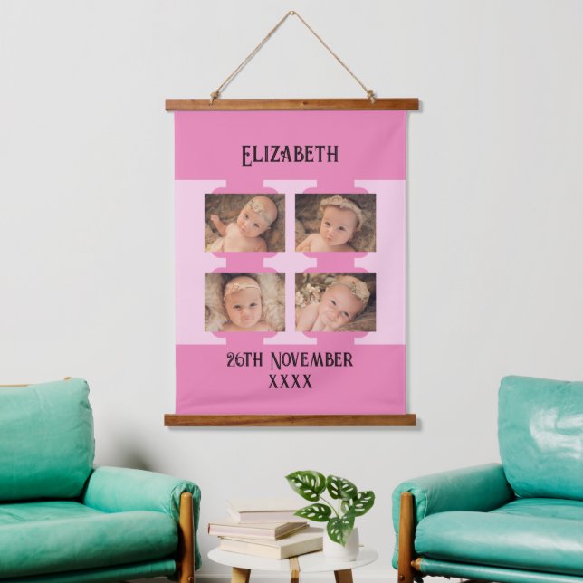 New baby name 4 photos date of birth pink hanging tapestry (Living Room)