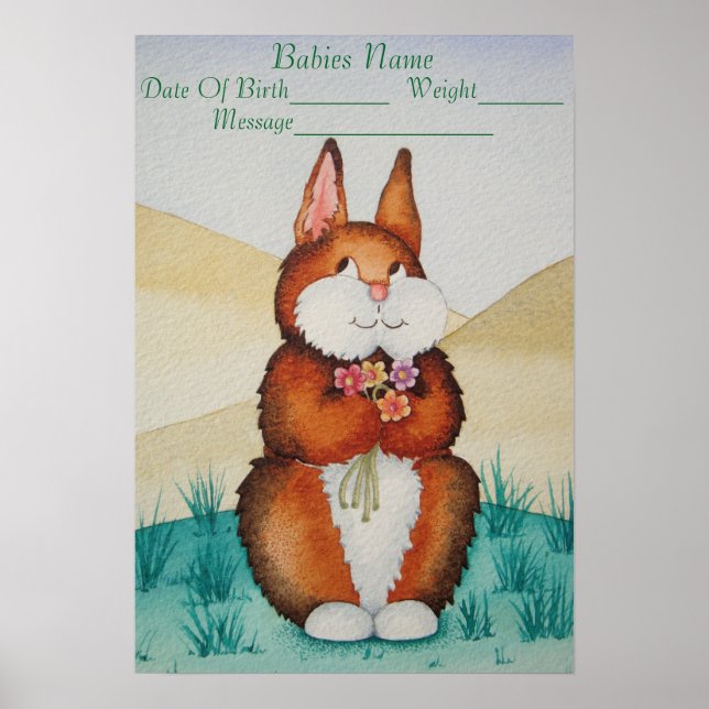 new baby name poster with cute bown bunny (Front)