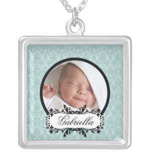New Baby Necklace Photo Black Blue Damask Pendant