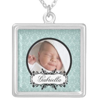 New Baby Necklace Photo Black Blue Damask Pendant by celebrateitgifts at Zazzle