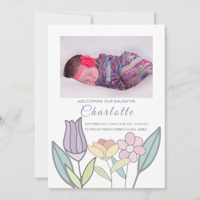 New Baby Pastel Flowers Personalized Announcement (Front)