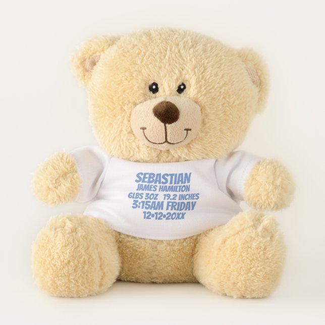 New Baby Personalized Birth Information (blue) Teddy Bear (Front)