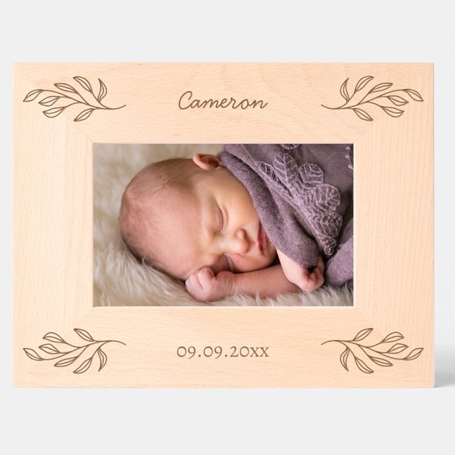 New Baby Personalized Name Date Botanical Leaves Engraved Frames (New baby personalized name and birth date botanical leaves etched wooden photo frame)