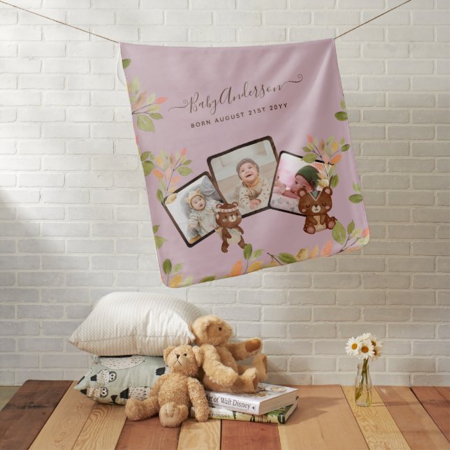 New Baby PHOTO BLANKET Woodland Animals PINK (In Situ)