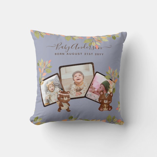 New Baby PHOTO Gift - Cute Woodland Animals Blue Throw Pillow (Front)