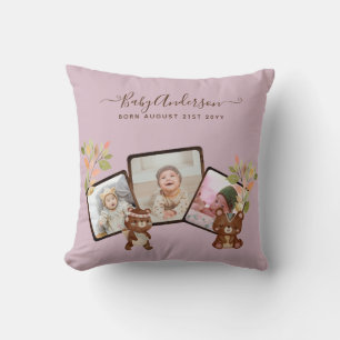 New Baby PHOTO Gift - Cute Woodland Animals PINK Throw Pillow