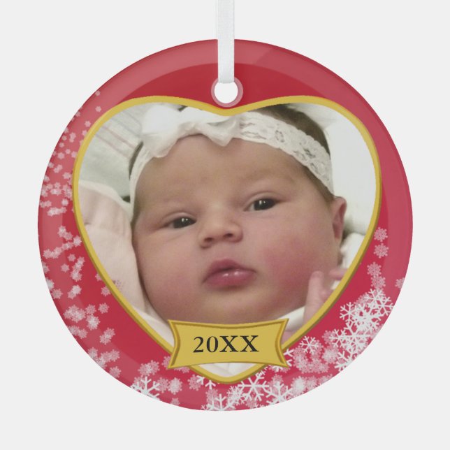New Baby Photo Keepsake Snowy Red Glass Ornament (Front)