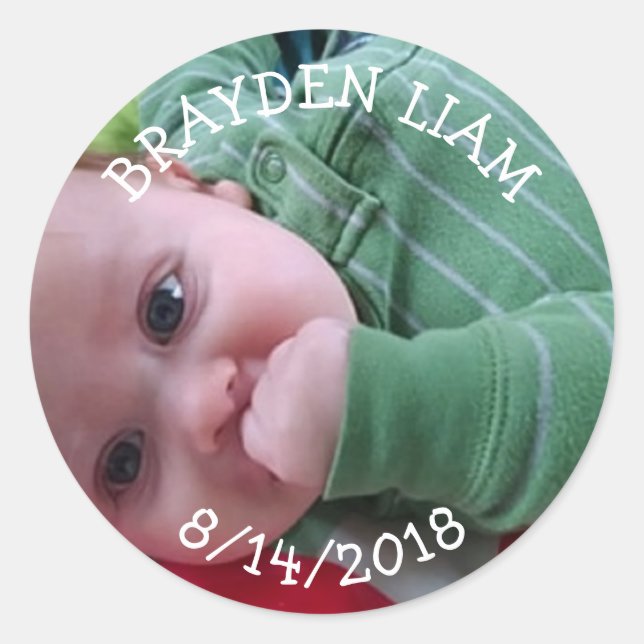 New Baby Photo, Name Birth date  Boy Announcement Classic Round Sticker (Front)