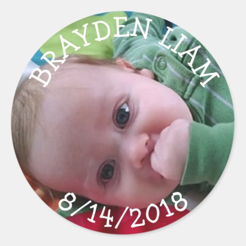 New Baby Photo Name Birth date  Boy Announcement Classic Round Sticker