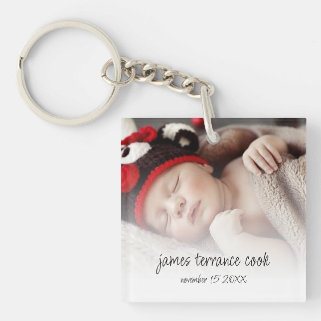 New Baby Photo Overlay Keepsake Birth Announcement Keychain (Front)