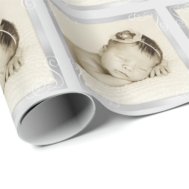 New Baby Photo Template Silver Gray Wrapping Paper
