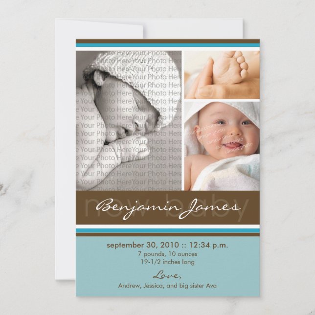 New Baby Photo Trio Birth Announcement (blue) (Front)
