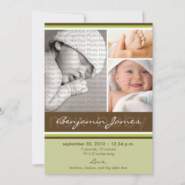 New Baby Photo Trio Birth Announcement (green) (Front)
