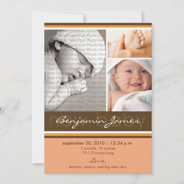 New Baby Photo Trio Birth Announcement (orange) (Front)
