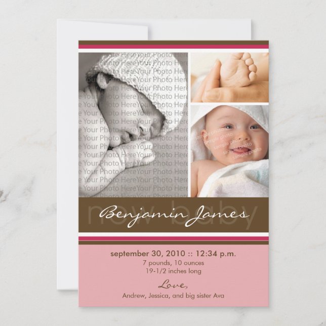 New Baby Photo Trio Birth Announcement (pink) (Front)
