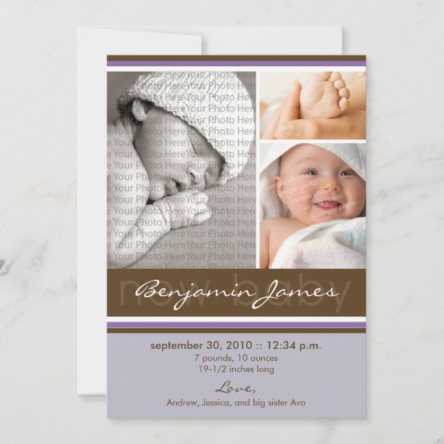 New Baby Photo Trio Birth Announcement (purple) (Front)