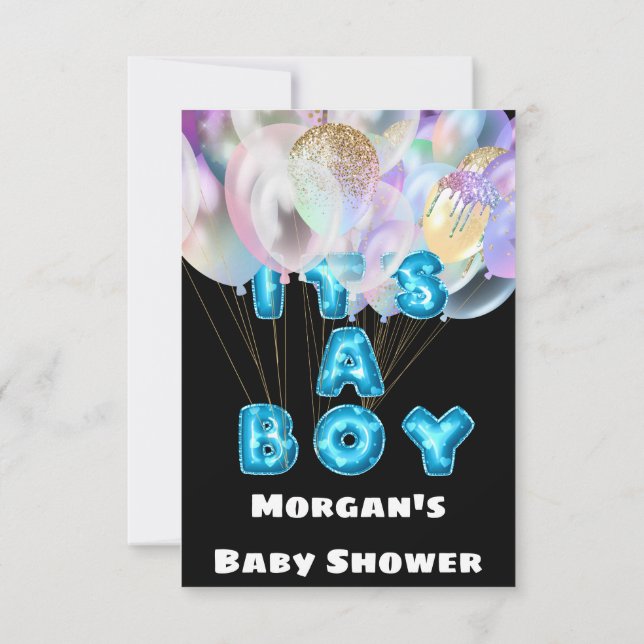 New Baby Shower It's A Boy Blue Balloons Black Invitation (Back)