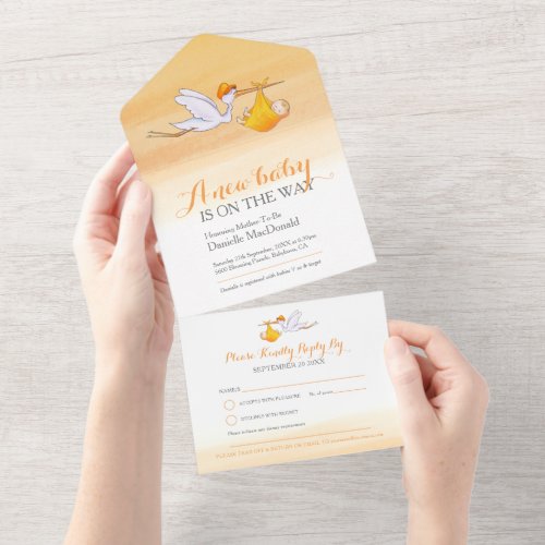 New baby shower stork delivery watercolor orange all in one invitation