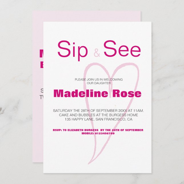 New Baby Sip and See with statistics Invitation (Front/Back)