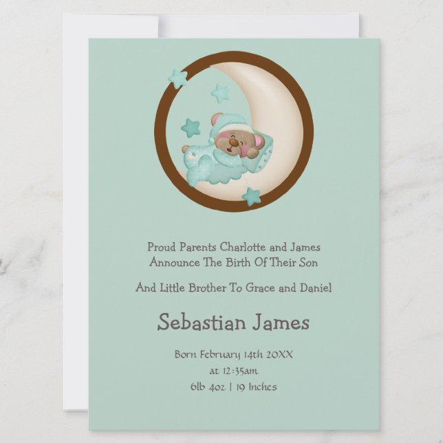 New Baby Sleeping Bear Announcement (Front)