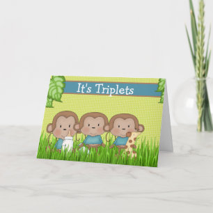 New Baby Triplet Boys Cute Monkey Card