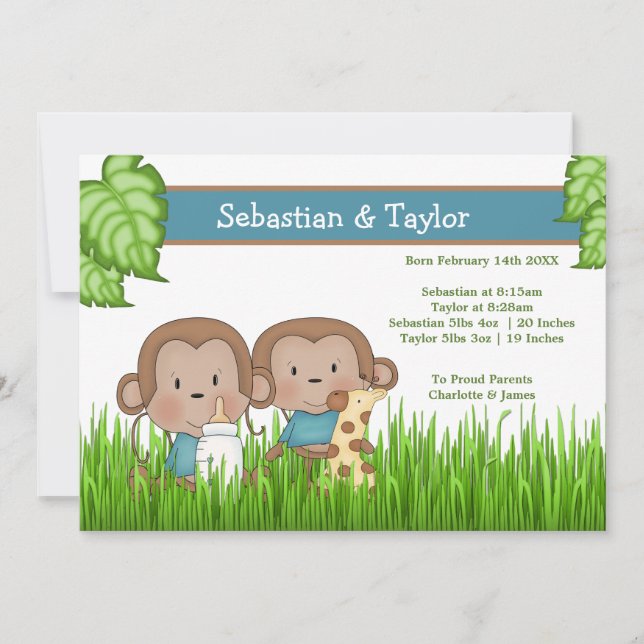 New Baby Twin Boys Cute Monkey Announcement (Front)