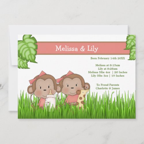 New Baby Twin Girls Cute Monkey Announcement