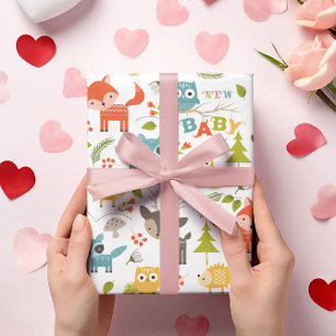 New Baby Typography With Cute Wood Animals Wrapping Paper