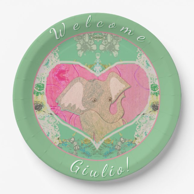 New Baby w/Elephant Paper Plate (Front)