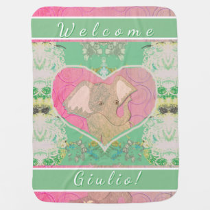New Baby w/Elephant Pink Green  Blanket