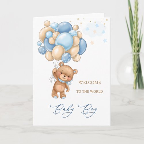 New Baby Welcome To The World Bear Blue Balloons  Card