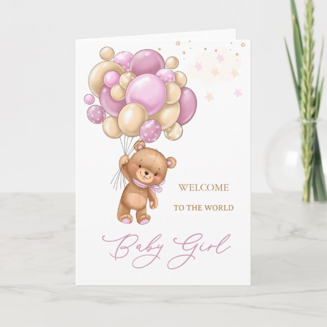 New Baby Welcome To The World Bear Pink Balloons  Card (Front)