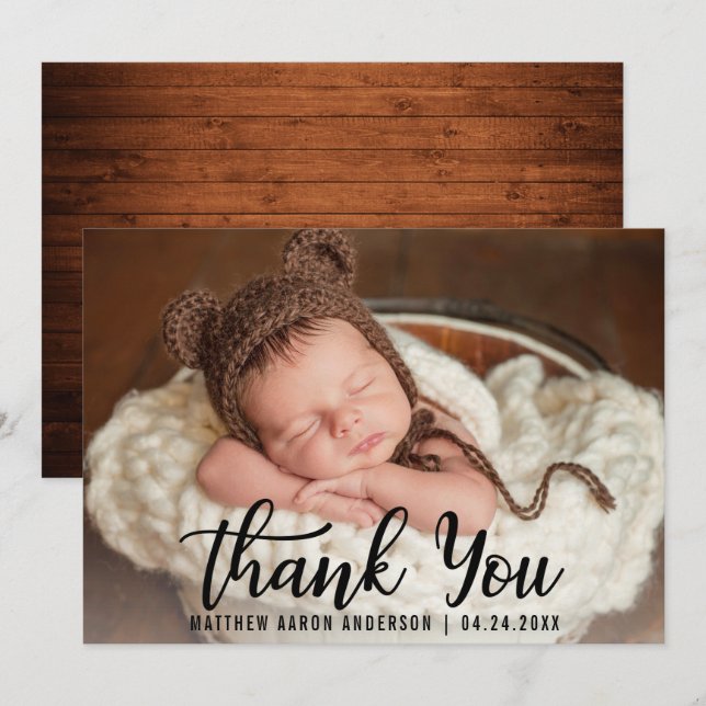 New Baby Wood Thank You Blk Script Card (Front/Back)