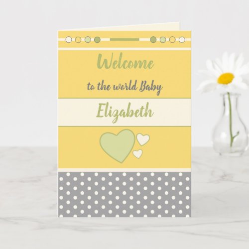 New Baby yellow green gray with name welcome Card