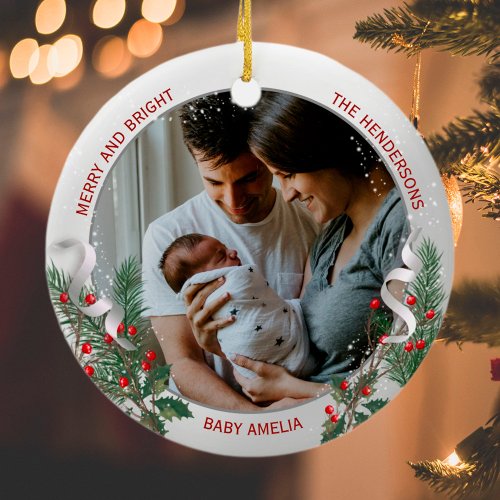 New Babys 1st Christmas Silver Frame Holly  Pine Ceramic Ornament