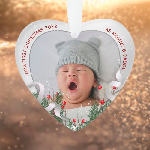 New Babys 1st Christmas Silver Frame Holly  Pine Ornament