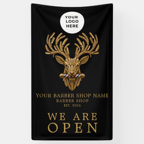 New Barber Shop We Are Open Gold Stag Banner