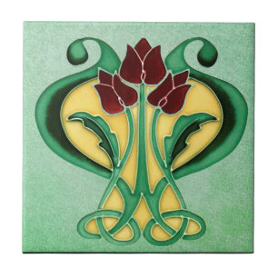 New Beautiful Art Nouveau, Green Floral Ceramic Tile