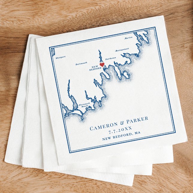 New Bedford MA Map Navy Blue Wedding Napkins (New Bedford Map Wedding Napkins New Bedford Whaling Museum Wedding Navy Blue Coastal Map Designs)