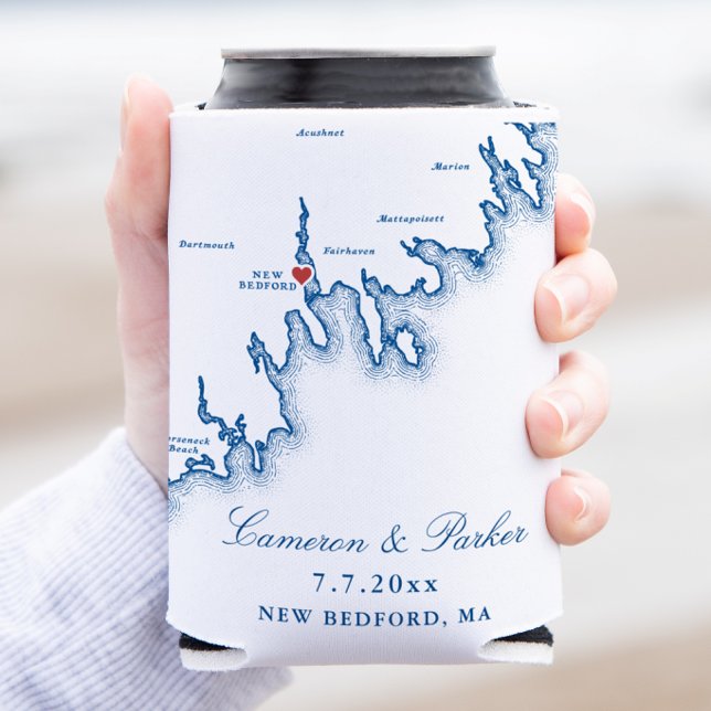 New Bedford Map Wedding Favor Can Cooler (New Bedford Wedding Favor Can Cooler Can Cozy in elegant navy blue by Coastal Map Designs)