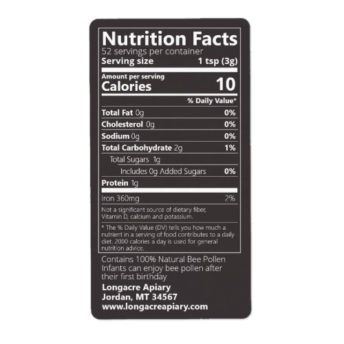 New Bee Pollen Nutrition Facts Jet Black Label