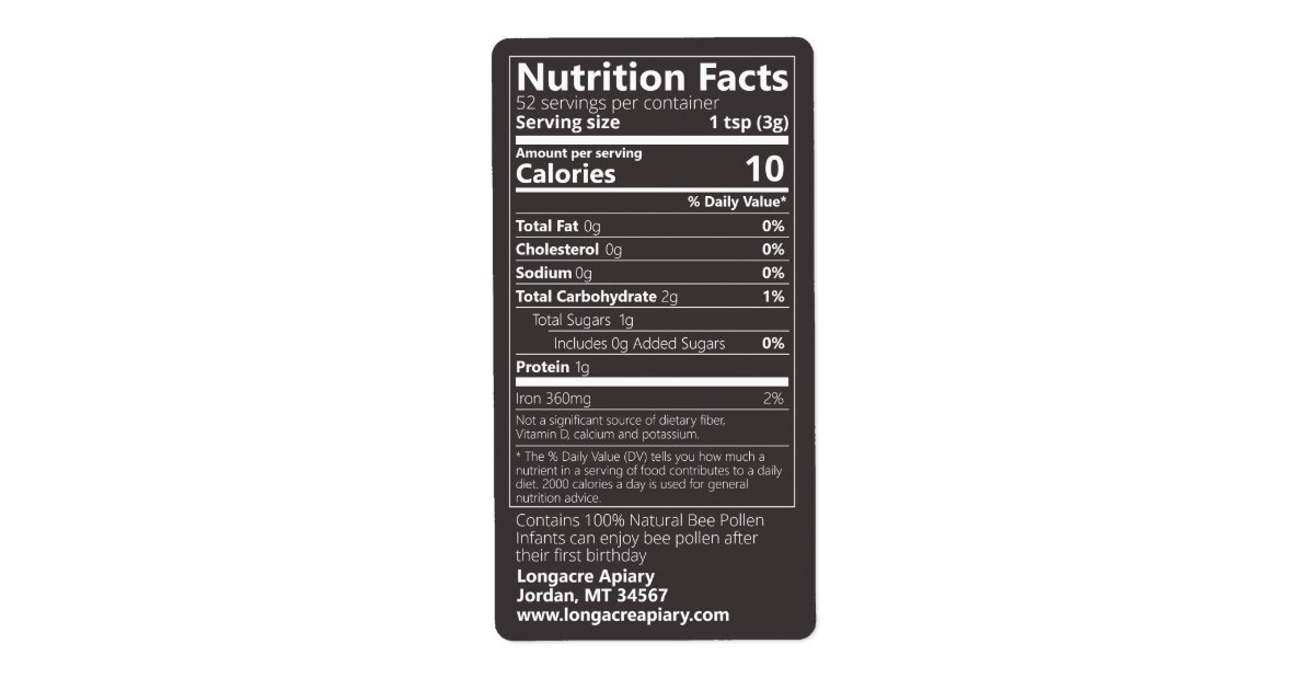 New Bee Pollen Nutrition Facts Jet Black Label | Zazzle