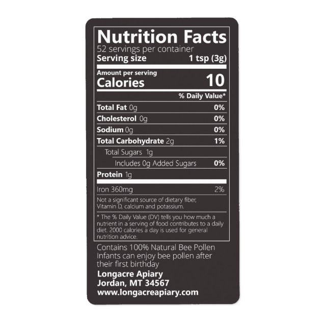 New Bee Pollen Nutrition Facts Jet Black Label (Front)