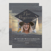 New Beginnings Elegant Watercolor Grad Cap Photo Invitation (Front/Back)