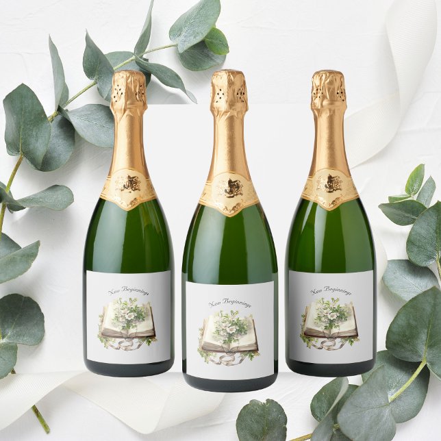 New Beginnings Floral Open Book Wedding Sparkling Wine Label (New Beginners Open Book Wine Labels)