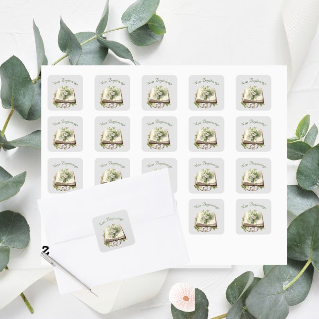 New Beginnings Floral Open Book Wedding Square Sticker (New Beginnings Square Stickers )
