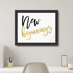 New Beginnings Motivational Quote Gold/Black Framed Art
