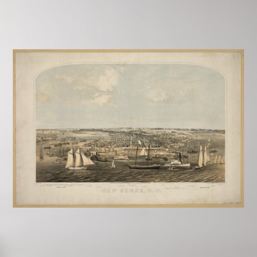 New Bern North Carolina 1864 Antique Panoramic Map Poster