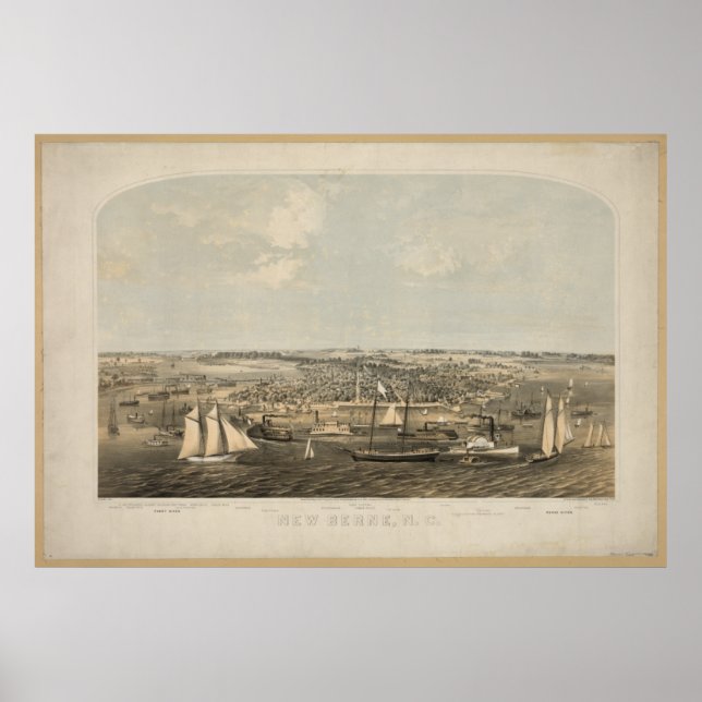 New Bern North Carolina 1864 Antique Panoramic Map Poster (Front)